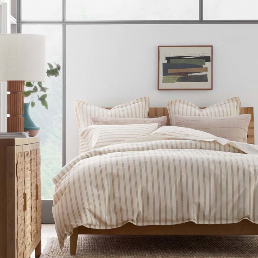 Narrow Stripe Classic Cool Cotton Percale Fitted Bed Sheet - Gold, Twin XL,Gold