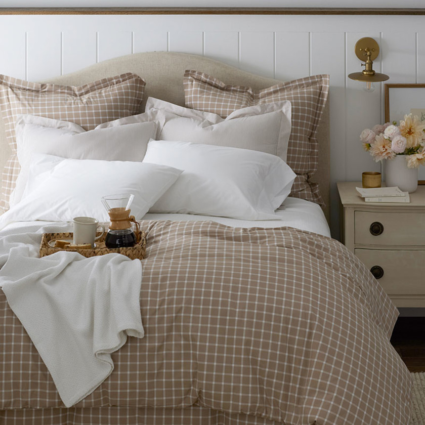 Classic Stripes and Plaids Cool Yarn-Dyed Cotton Percale Bed Sheet Set - Windowpane Taupe, Twin,Windowpane Taupe