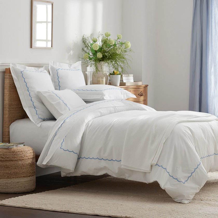 Scallop Classic Cool Cotton Percale Bed Sheet Set - Blue, Queen,Blue