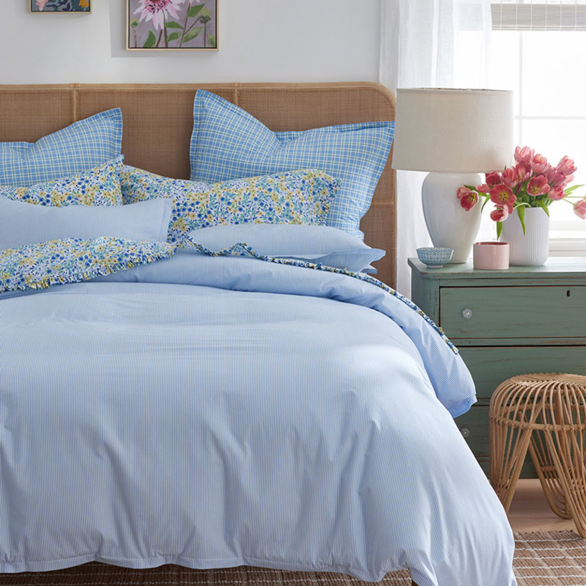 Sunshine & Blooms Classic Cool Cotton Percale Bed Sheet Set - Pinstripe Blue, Full,Pinstripe Blue