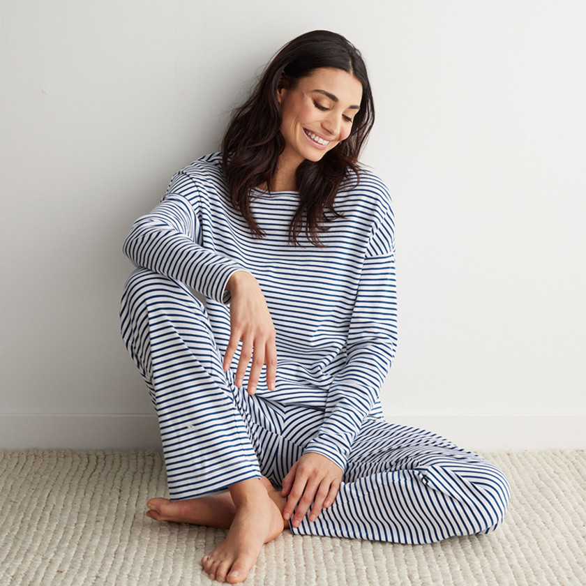 Yarn-Dyed Stripe Pima Cotton Women's Pajama Set - Navy/White, XS,Navy/White